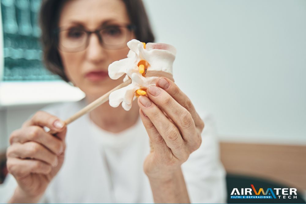 Immagine di una dottoressa che mostra i dischi intervertebrali, dei cuscinetti gelatinosi che si trovano tra le vertebre e che fungono da "ammortizzatori". Per il loro bene è fondamentale l'idratazione, una corretta postura e fare ginnastica posturale